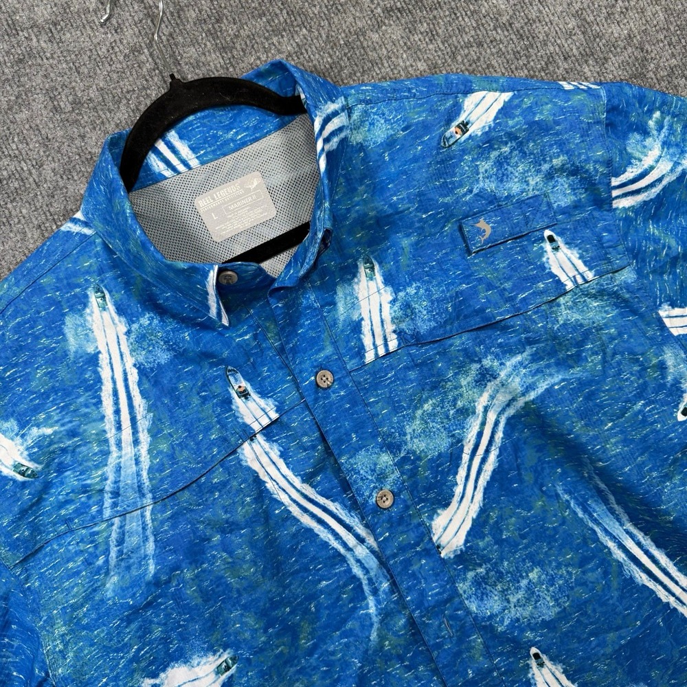 Reel Legends Mens L Mariner II Fishing Shirt Blue Boat Print Ventilated Outdoor